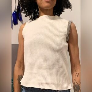 Zara Off White Knit Tank Top with Silver Beaded + Rhinestone Detail